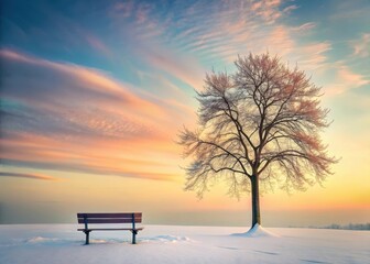 Winter landscape with a single park bench and leafless tree under a pastel sky