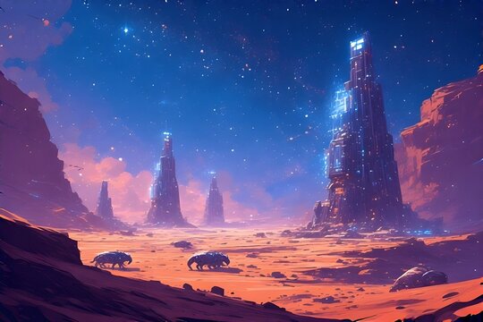 Minimalist Sci-Fi Concept of 2300 Desert Base with AI Temples and Mechanical Creatures Under Starry Sky