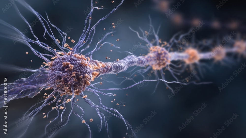 Poster sequence depicting the progressive decline of intracellular atp flow causing cellular fatigue in neu