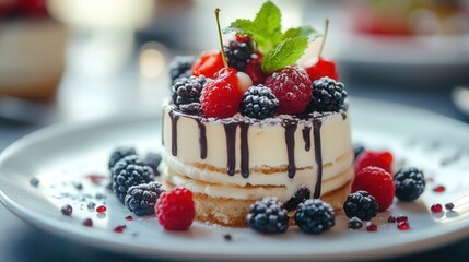 dish beautifully plated, set against a softly blurred background with ample space for advertising text