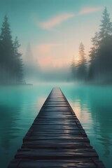 Cinematic Foggy Lake Pier at Dawn – Mystical Mist, Teal Water, Solitude, Nature Art Scene.
