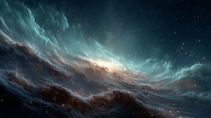 Surreal Ocean-Wave Shaped Blue Nebula with Stars and Central Sun-like Star