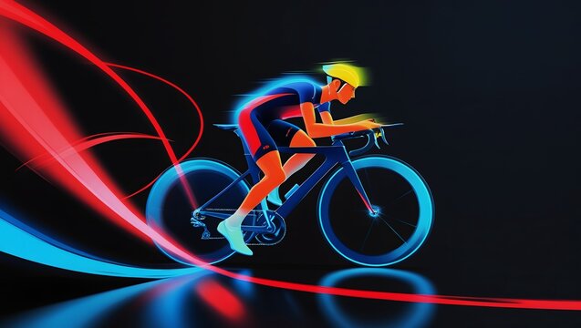 High-Speed Cyclist with Neon Motion Trails on Dark Abstract Background – Futuristic Sports Artwork. - Powered by Adobe