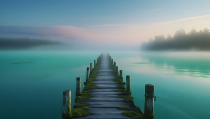 Obraz premium Cinematic Foggy Lake Pier at Dawn – Mystical Mist, Teal Water, Solitude, Nature Art Scene.