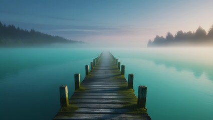 Cinematic Foggy Lake Pier at Dawn – Mystical Mist, Teal Water, Solitude, Nature Art Scene.