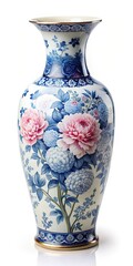 Delicate blue and white porcelain vase with intricate floral patterns featuring a mix of roses
