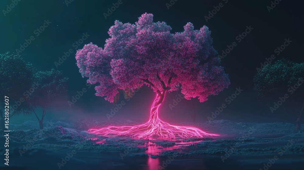 Poster a fantasy landscape featuring a surreal pink tree with illuminated roots in a dreamlike environment 