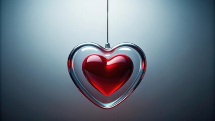 A delicate red heart suspended in a glass infinity mirror