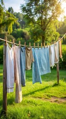 Clothesline with drying clothes hanging from a wooden rod