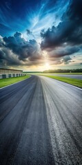 Darkened asphalt stretches across a vacant racing circuit