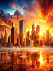 Vibrant abstract cityscape blending warm hues at sunset with a fiery background and icy skyscrapers