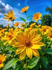 Vibrant yellow blooms of Jerusalem artichoke in a lush summer garden amidst green foliage and blue sky background