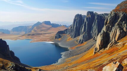 Breathtaking view of Changbai Mountain, a majestic volcanic peak on the China-North Korea border, featuring snow-capped summits, the crystal-clear Tianchi Lake in its crater, dense forests of pine and