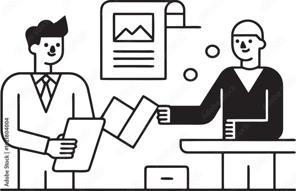 Poster two men in business attire discussing documents at a desk interview meeting