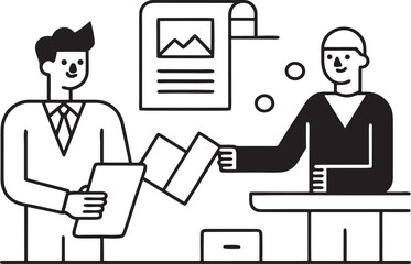 Two men in business attire discussing documents at a desk interview meeting