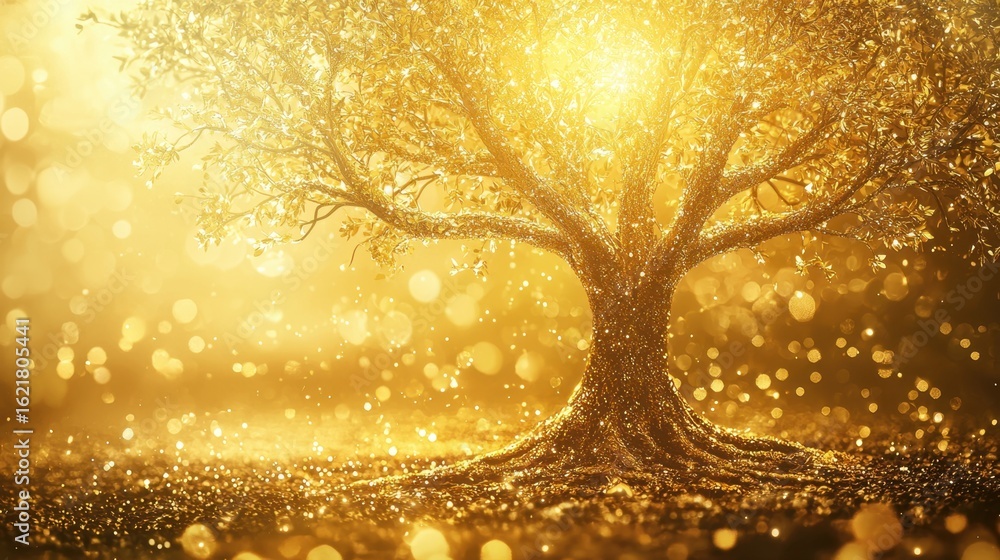 Aufkleber magical golden tree surrounded by glittering light and soft focus bokeh effect capturing enchantment