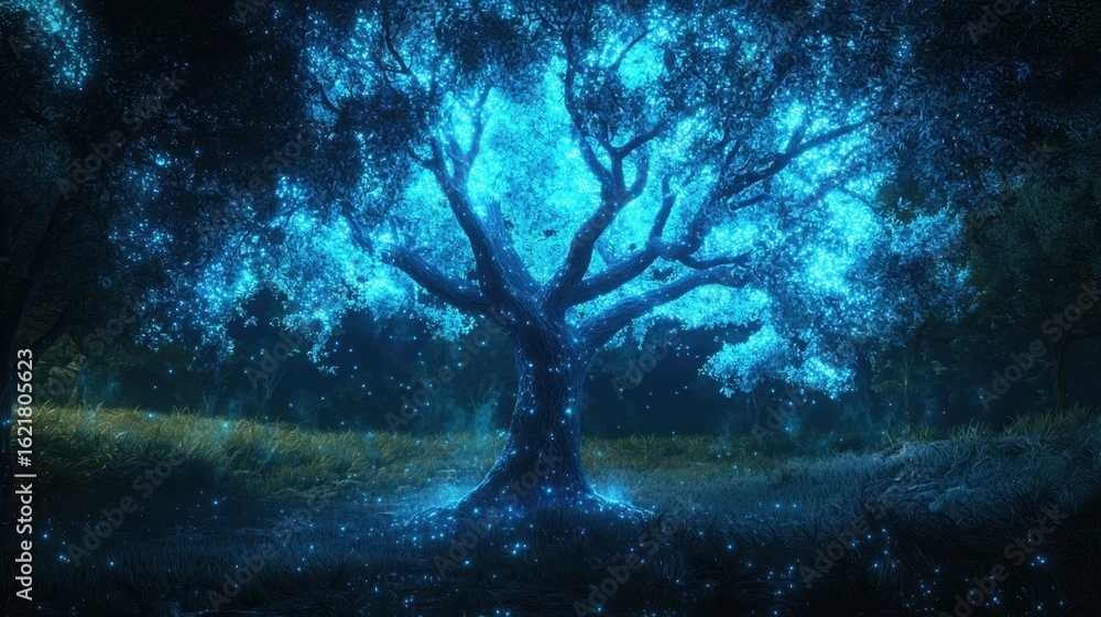 Poster ethereal glowing tree surrounded by blue light in enchanted forest setting with mystical atmosphere 