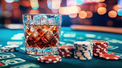 Elegant glass of whiskey with ice cubes sits on a felt poker table alongside a stack of colorful poker chips in a vibrant casino setting with blurred lights