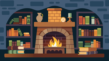 A stone fireplace serves as the focal point of the cozy cottage surrounded by shelves filled with antique books and trinkets.