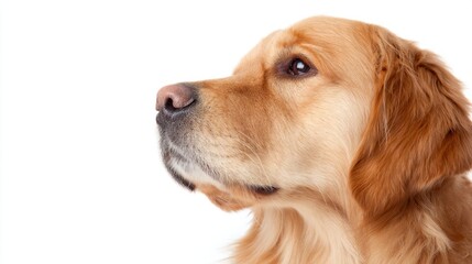 Golden retriever sitting calmly on a white background, side profile highlighting soft fur details under even studio lighting.
