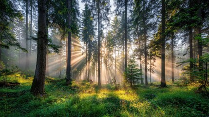 Obraz premium Sunbeams pierce misty forest