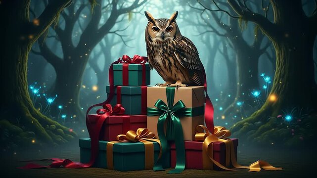 Enchanting owl perched atop stack of gifts in magical forest setting is festive and fun