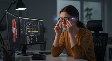 Stressed woman with digital eye strain working late on computer, analyzing complex scientific data in a dark office