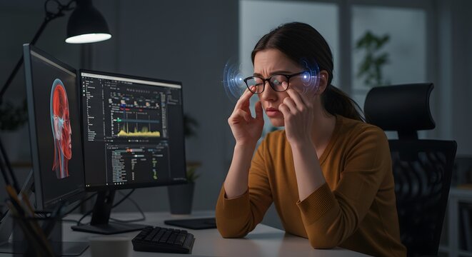 Stressed woman with digital eye strain working late on computer, analyzing complex scientific data in a dark office