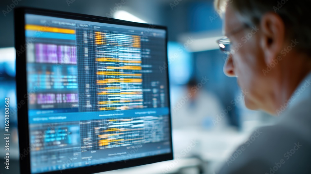 Poster medium shot showcasing a closeup of ngs gene sequencing results displayed on a monitor with a scient
