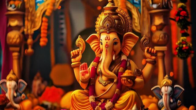 Indian Hindu God Lord Ganesha sitting in a temple during a festival. Beautiful murti of Hindu elephant god Ganesha giving blessings. Deity of wisdom and new beginnings for spiritual meditation, pooja 