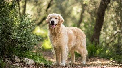 Golden retriever standing on a sunny park path with a warm glow and blurred green background.
