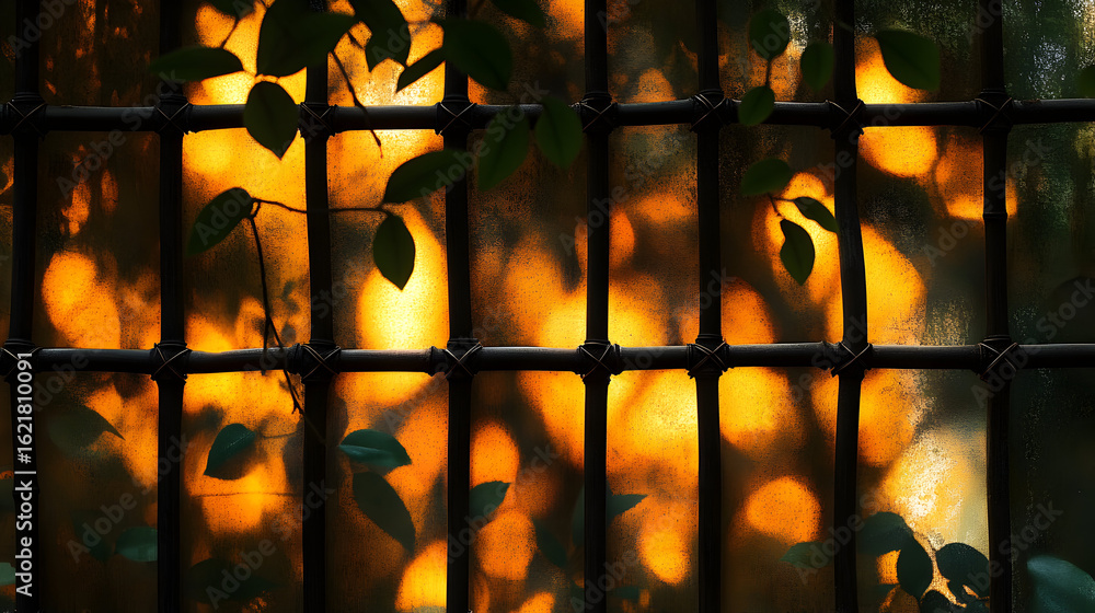Poster leaves and branches behind a window pane with a grid pattern.
