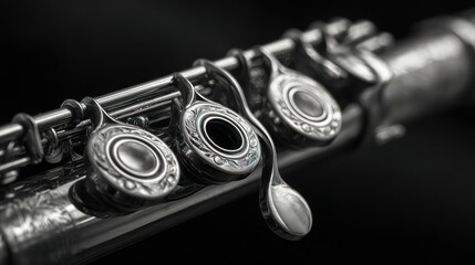 Fototapeta premium Black and white close-up of a flute with intricate keys, lying on a dark background