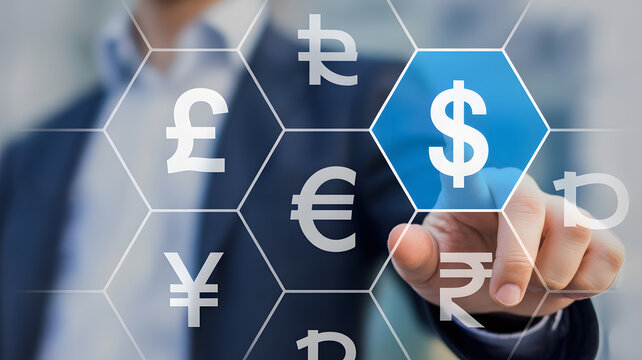 Modern investor choosing dollar currency symbol for global finance strategy, touching digital interface with yen, pound, euro, rupee for business investment success