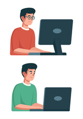 A young man is working at a computer. Colored flat illustration. White background.