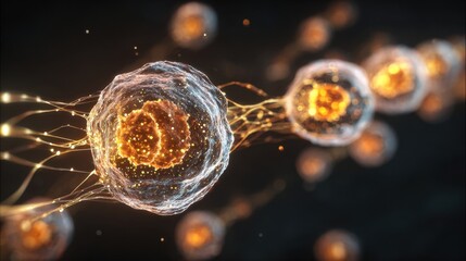 Hightech CGI sequence of hormone molecules locking with cell receptors under glowing light effects symbolizing targeted cellular response.
