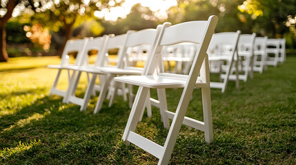 Rows of white folding chairs on a grassy lawn outdoors.