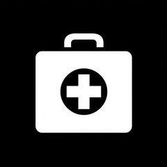 Obraz premium Simple white first aid kit icon on black background. A rectangular white box, representing a first aid kit, features a large black plus sign in a circle on its front. The box has a simple handle
