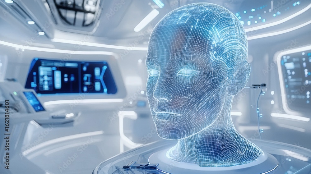 Poster futuristic digital head interface displaying advanced technology concepts in a modern lab environmen