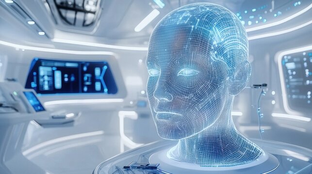 Futuristic Digital Head Interface Displaying Advanced Technology Concepts in a Modern Lab Environment, Showcasing Artificial Intelligence Development and Innovation