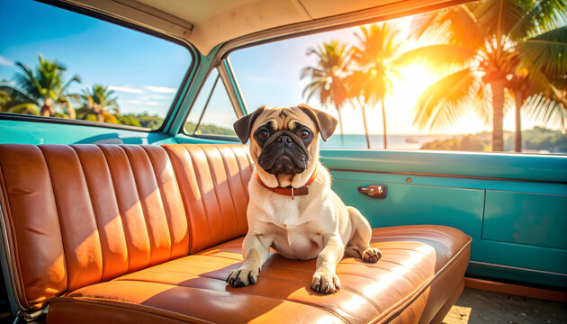Fototapeta A pug enjoying a tropical vacation inside a vintage car near a stunning beach