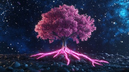 Surreal Scene of a Vibrant Pink Tree with Electric Roots Under a Starry Night Sky in a Cosmic Landscape