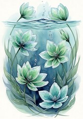 Dreamy Aquatic Watercolor: Serene Lotus Flowers in a Tranquil Underwater Realm Painting