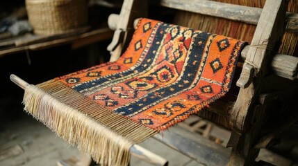 Traditional Handcrafted Textile Displayed on Loom in Artisan Workshop with Rich Patterns and Vibrant Colors, Showcasing Cultural Craftsmanship and Heritage