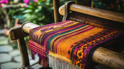 Colorful Handwoven Textile Art Displayed on Wooden Loom with Vibrant Patterns and Natural Outdoor Setting Enhancing Craftsmanship and Culture