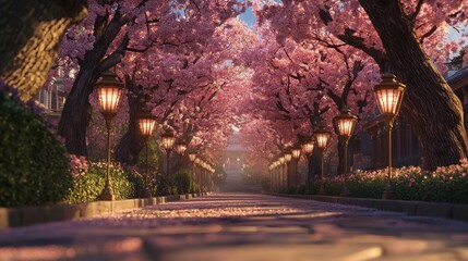 Serene Pathway Beneath Blooming Cherry Blossom Trees Illuminated by Lanterns in a Tranquil Evening Setting