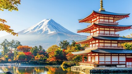 Serene Landscape Featuring Iconic Japanese Pagoda with Mount Fuji Overlooking a Tranquil Water Body Surrounded by Autumn Foliage