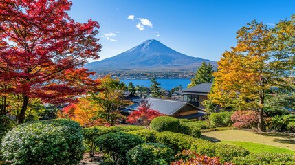 Scenic Autumn Landscape of Mount Fuji Overlooking Lake with Vibrant Fall Foliage in Japan