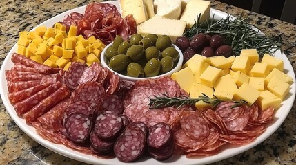 Vibrant Charcuterie Board Featuring Assorted Meats, Cheeses, Fresh Herbs, and Olives, Ideal for Entertaining and Celebrations