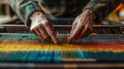 Skilled artisan weaving vibrant threads with meticulous precision on a traditional loom, creating a stunning textile masterpiece in a cozy workshop setting